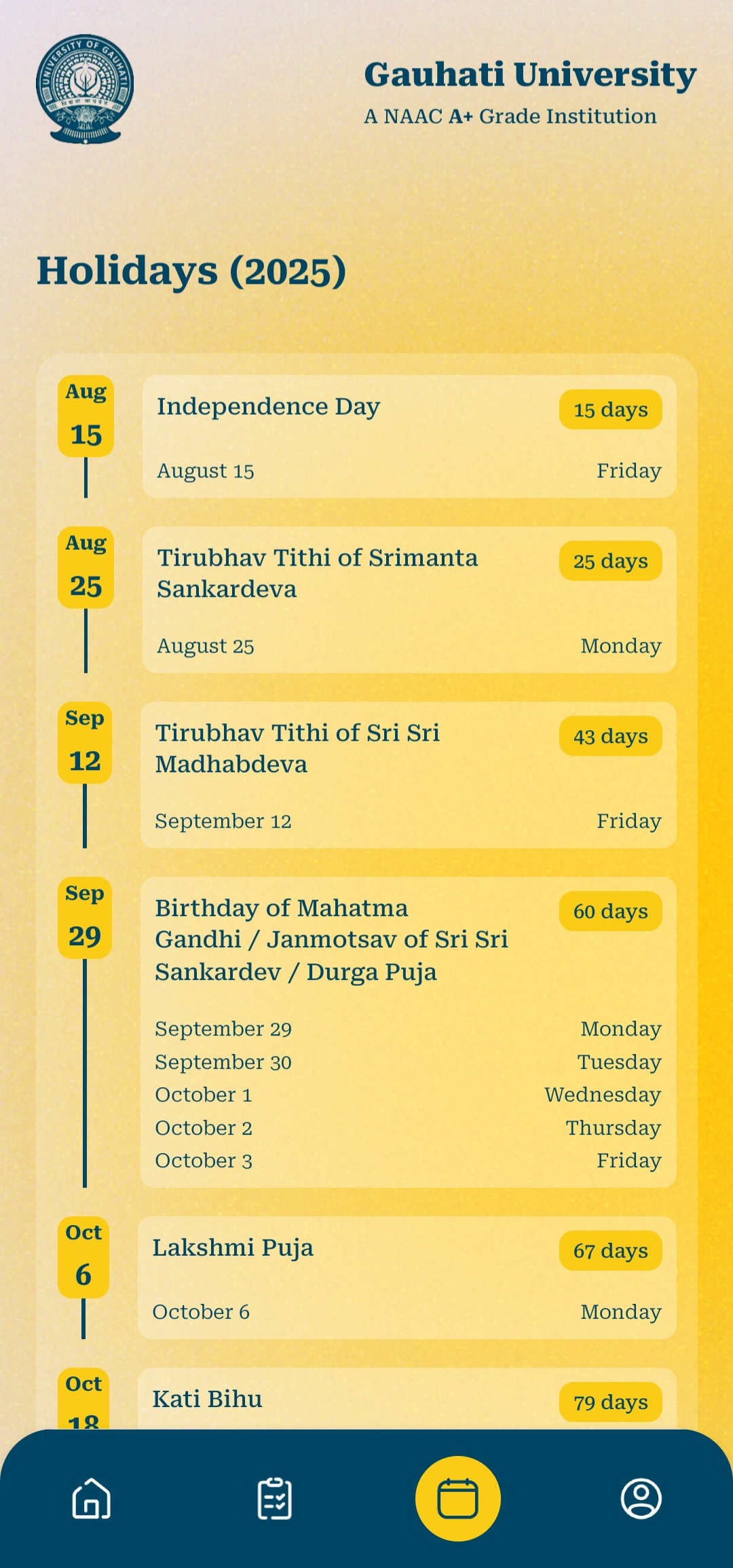 App Holiday Calendar Screen - Gauhati University